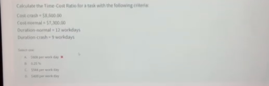 Calculate the Time - Cost Ratiof for a task with