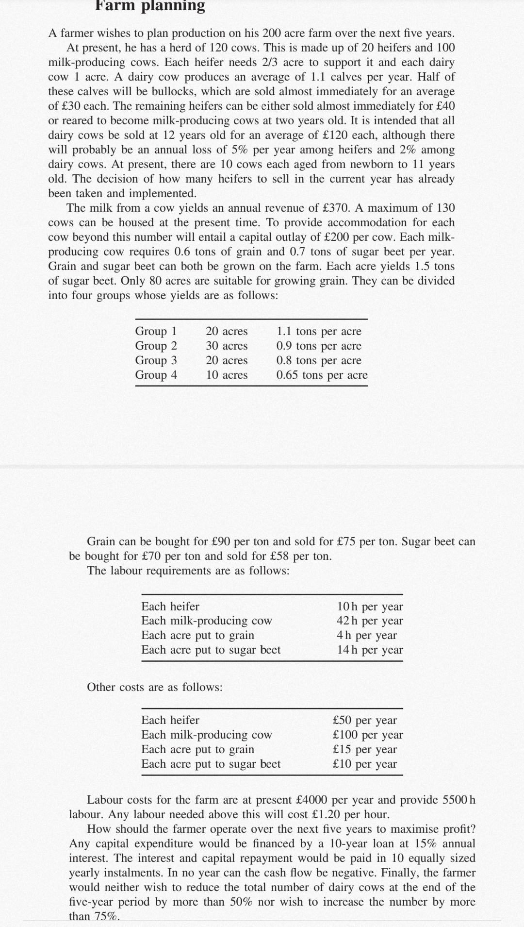 Farm planning A farmer wishes to plan production