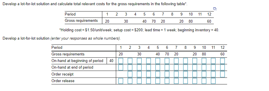 Develop a lot-for-lot solution and calculate