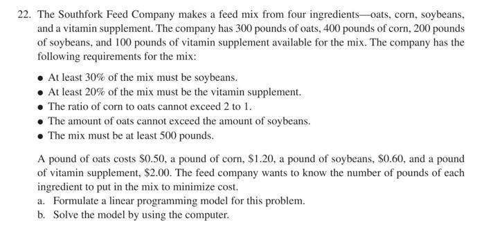 Please show in excel 22. The Southfork Feed