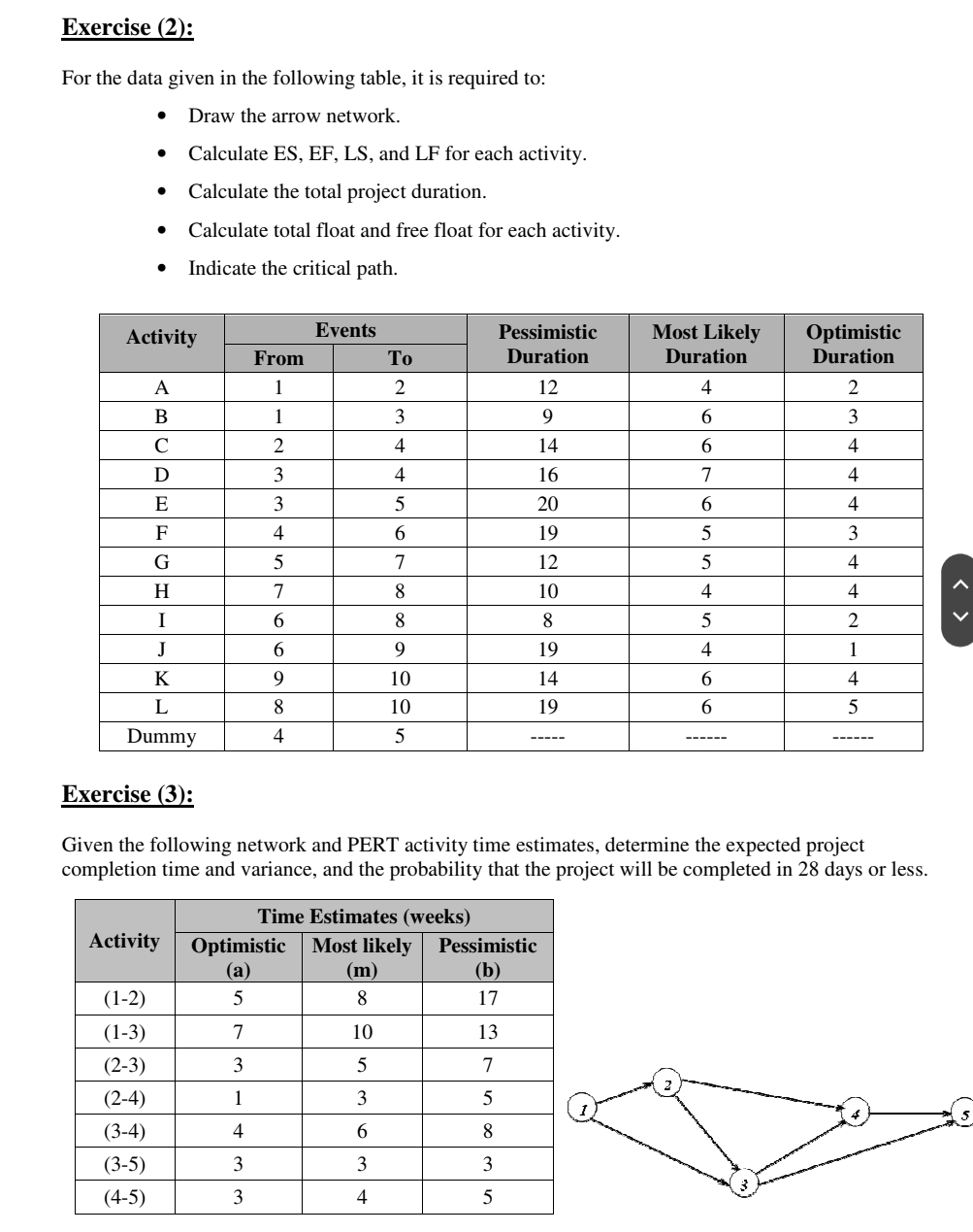Exercise ( 2 ) : For the data given in the
