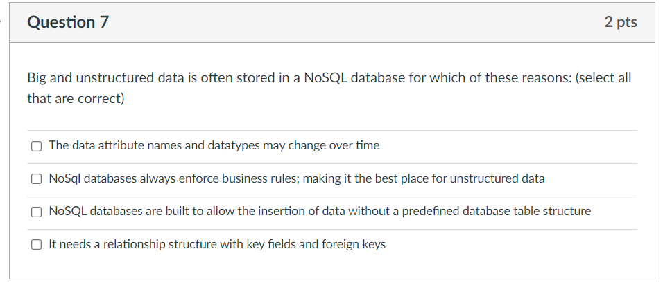 Question 7 2 pts Big and unstructured data is