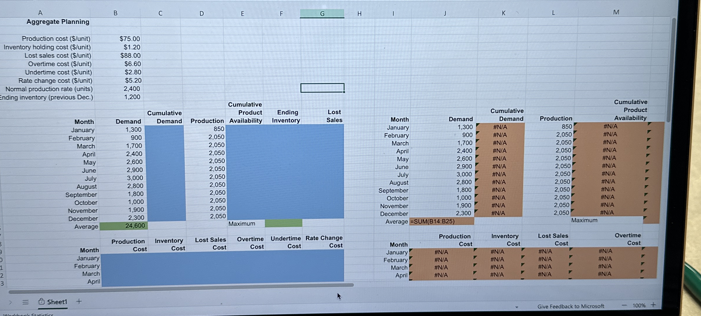 Excel Online Activity: Aggregate Planning