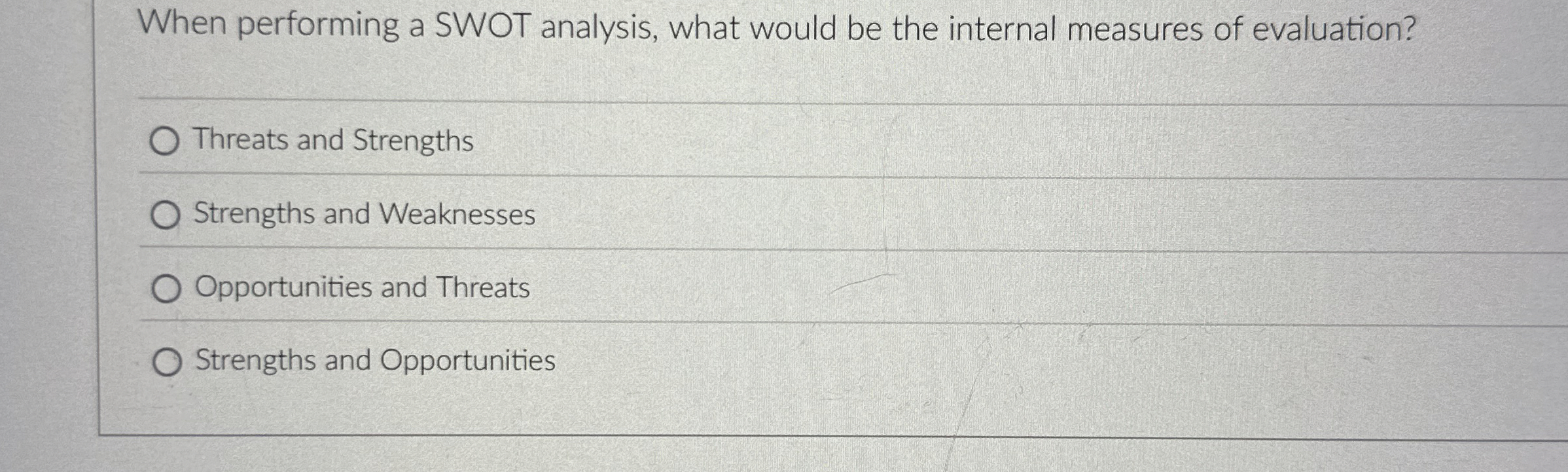 When performing a SWOT analysis, what would be