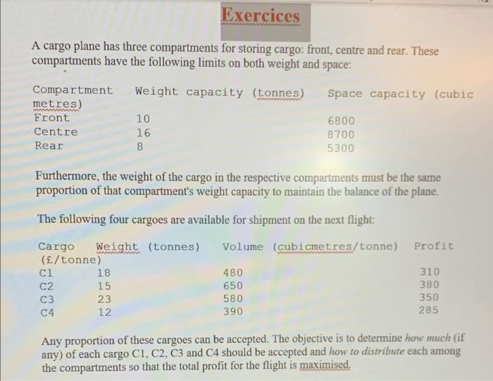 Exercices A cargo plane has three compartments