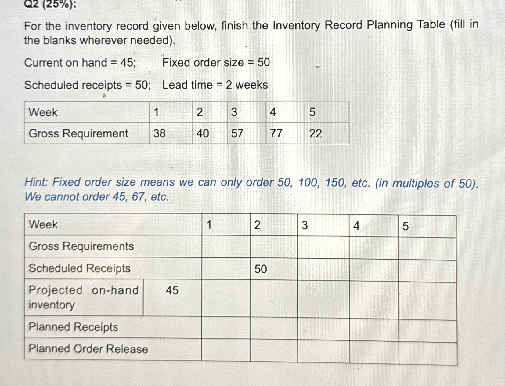 For the inventory record given below, finish the