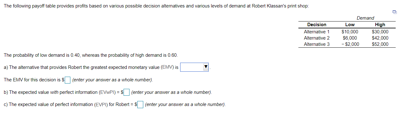 The following payoff table provides profits based