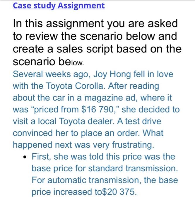 Case study Assignment In this assignment you are