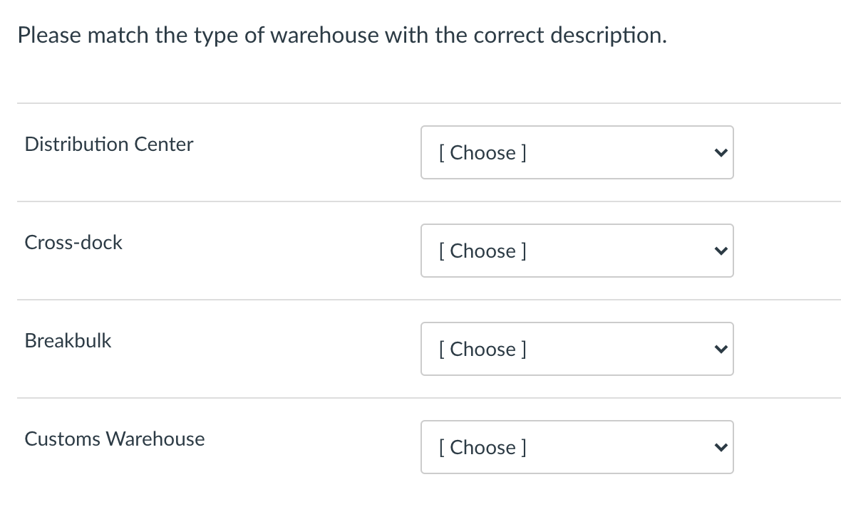 Please match the type of warehouse with the