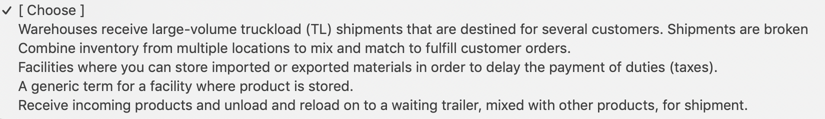 Please match the type of warehouse with the