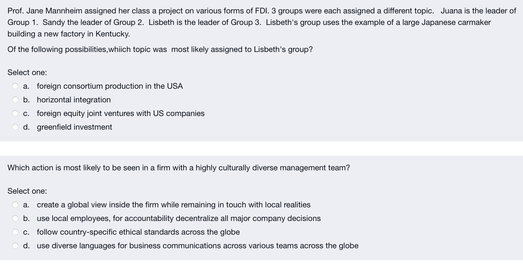 Prof. Jane Mannheim assigned her class a project