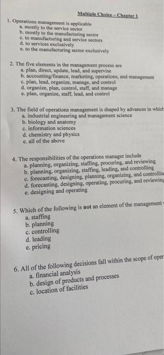 Multiple Choice - Chapter 1 1. Operations