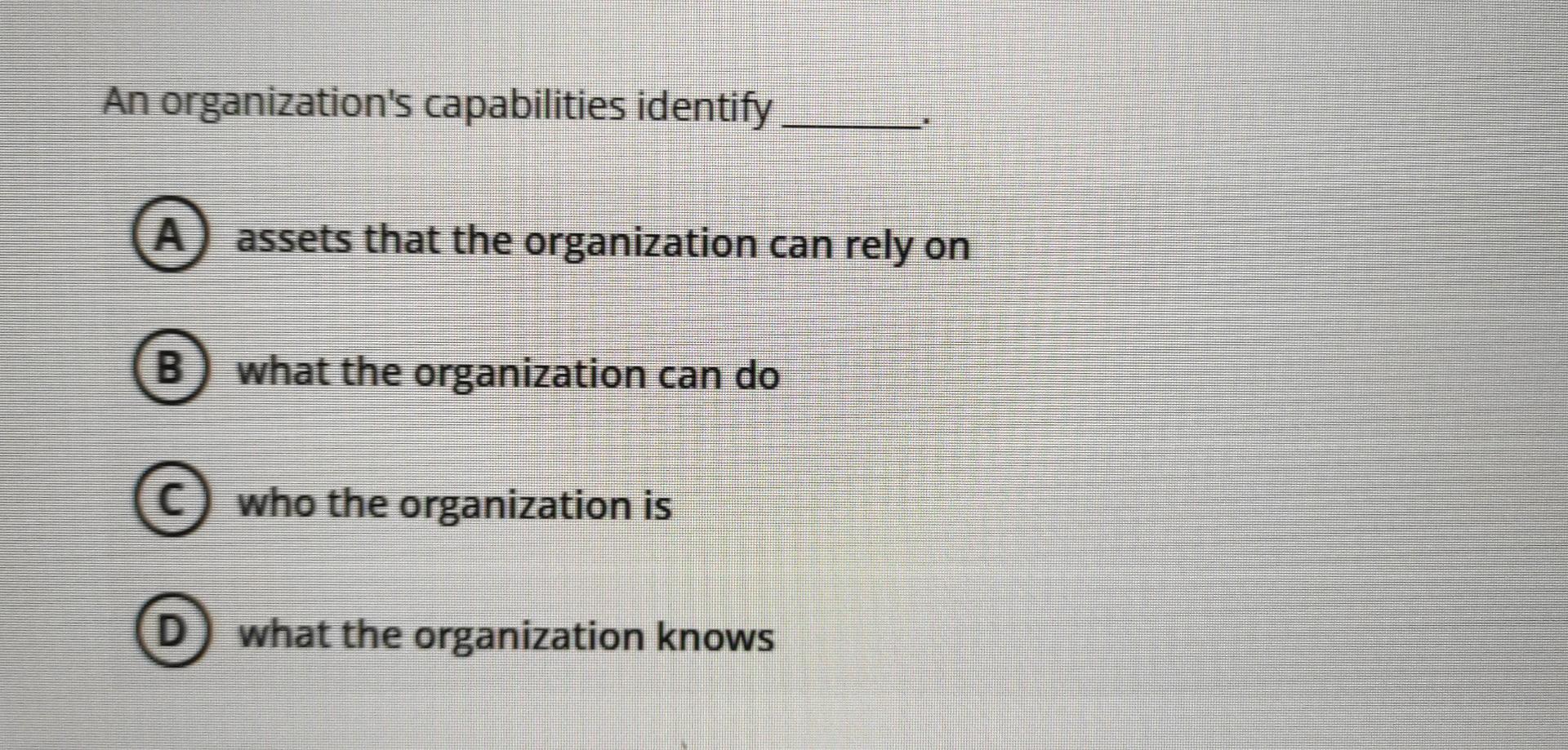An organization's capabilities identify A assets