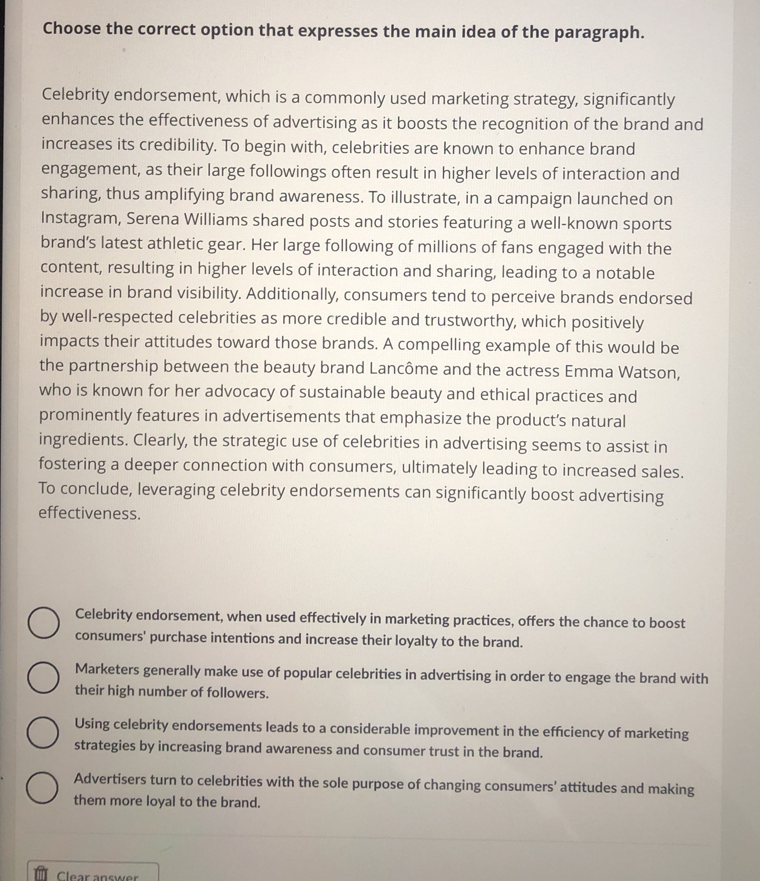 Choose the correct option that expresses the main