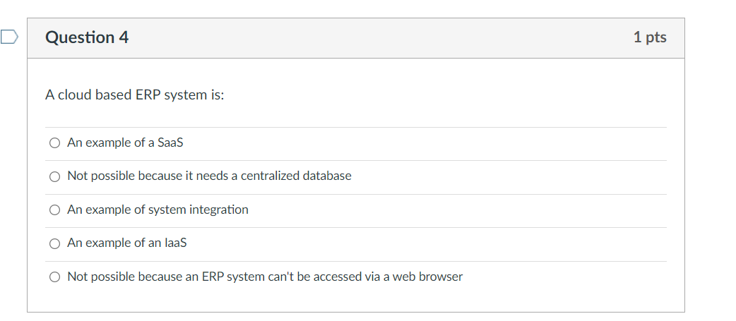 Question 4 1 pts A cloud based ERP system is: O