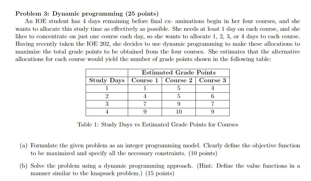 Problem 3 : Dynamic programming ( 2 5 points ) An