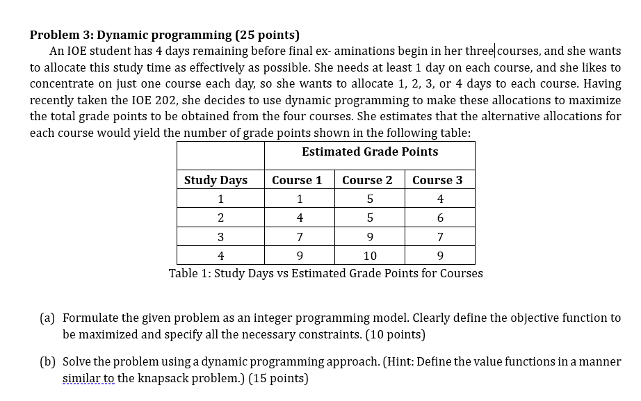 Problem 3 : Dynamic programming ( 2 5 points ) An