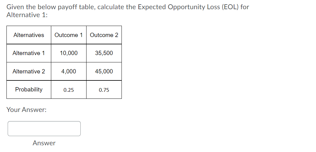 Given the below payoff table, calculate the