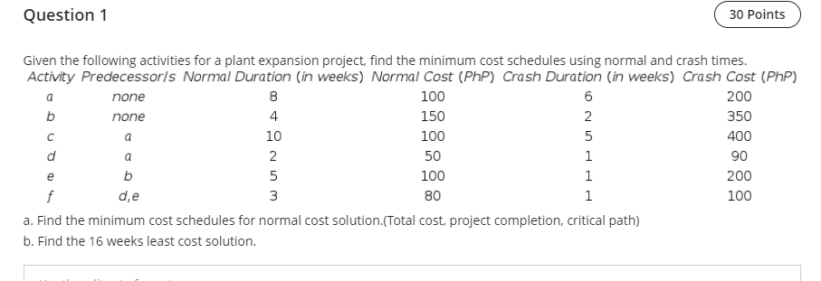 Question 1 30 Points Given the following