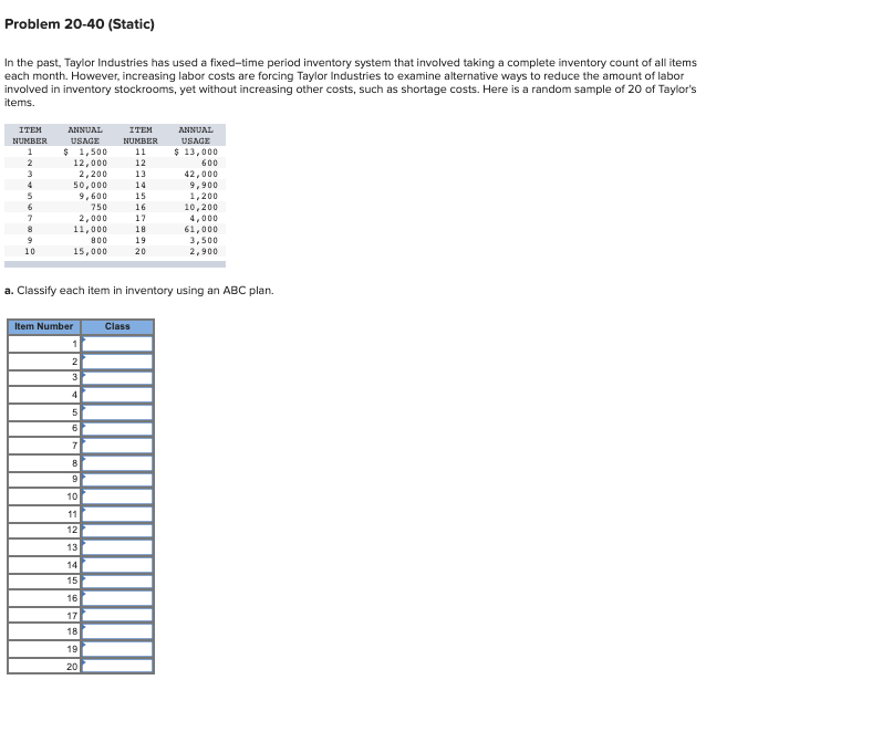 Problem 20-40 (Static) In the past, Taylor