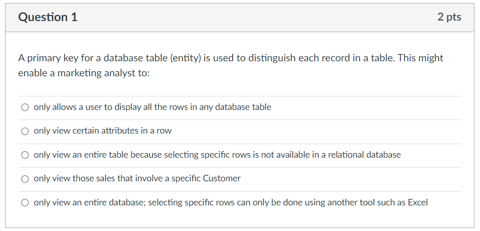 Question 1 2 pts A primary key for a database