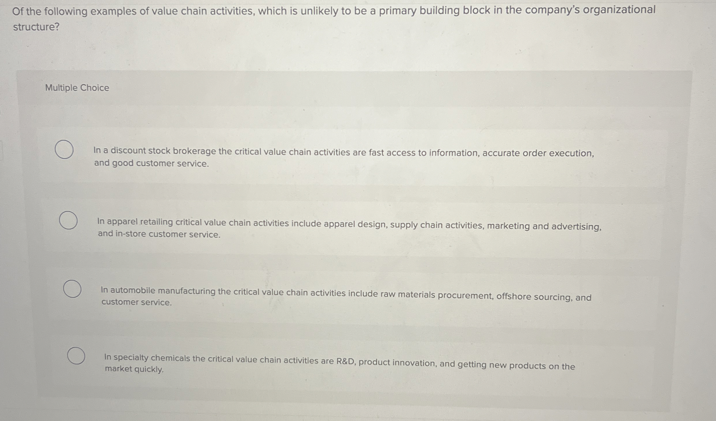 Of the following examples of value chain