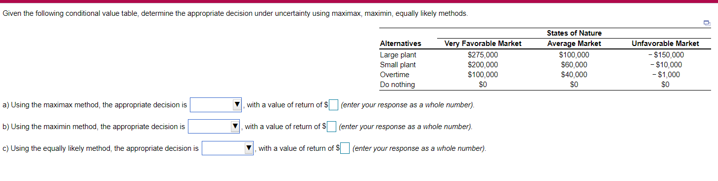 Given the following conditional value table,