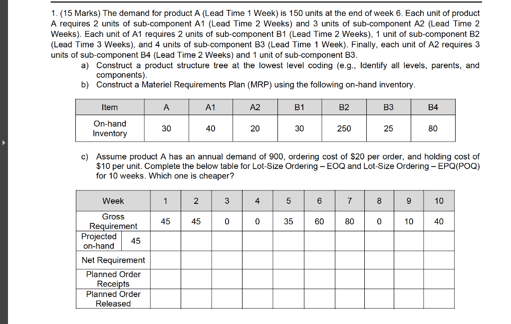 1.(15 Marks) The demand for product A (Lead Time