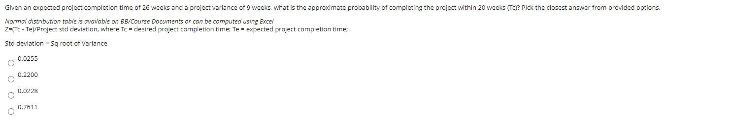 Given an expected project completion time of 26