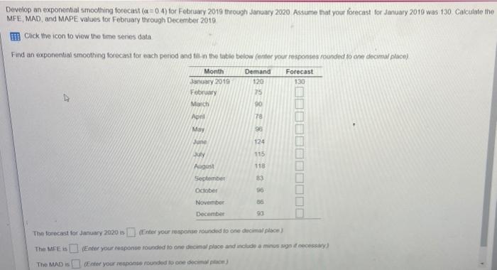 Develop an exponential smoothing forecast (a =