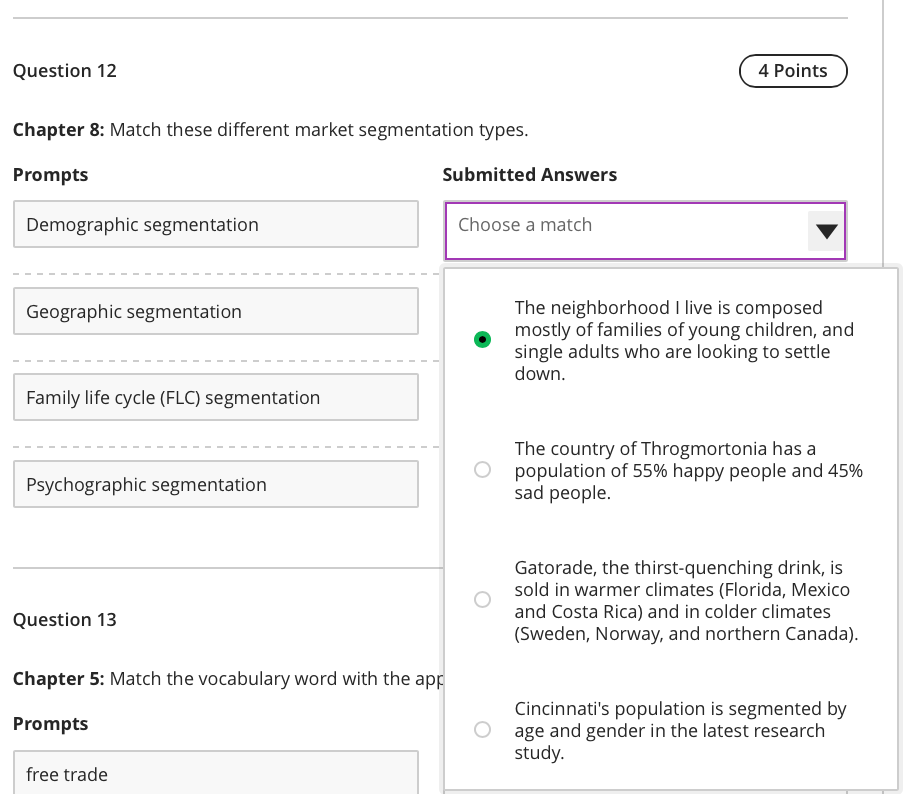 Question 12 4 Points Chapter 8: Match these