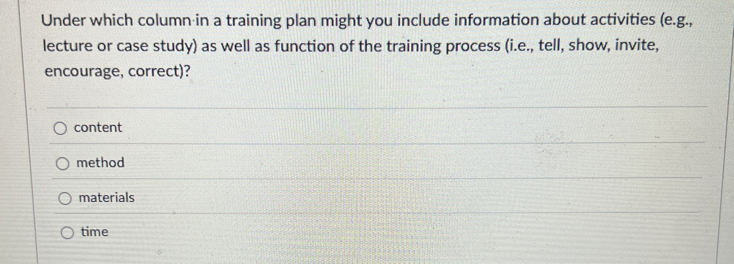 Under which column in a training plan might you