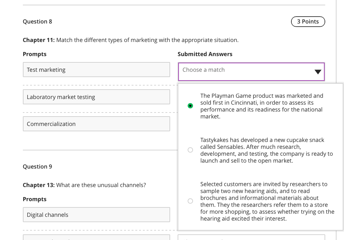Question 8 3 Points Chapter 11: Match the