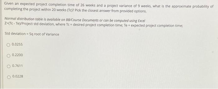 Given an expected project completion time of 26