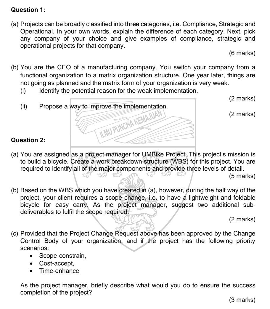 subject: project management Question 1: (a)