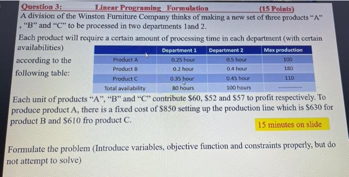 100 Question 3: Linear Programing Formulation (15
