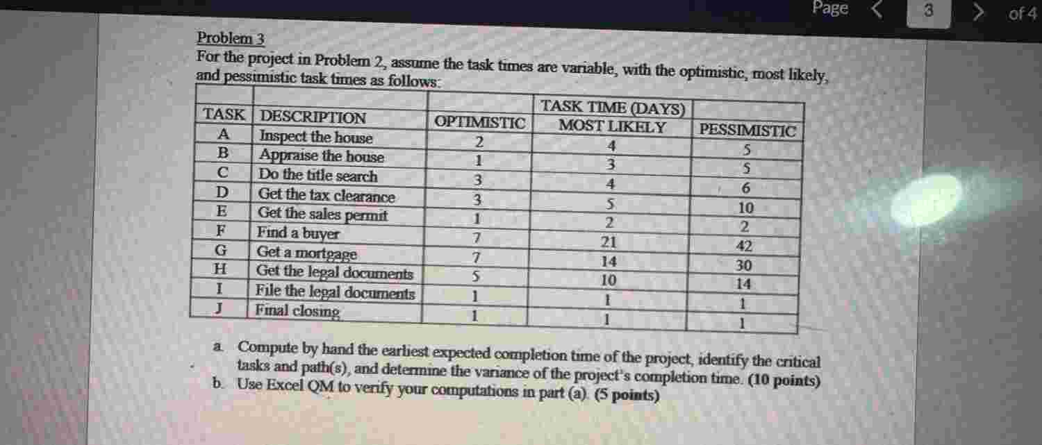 Problem 3 For the project in Problem 2 , assume