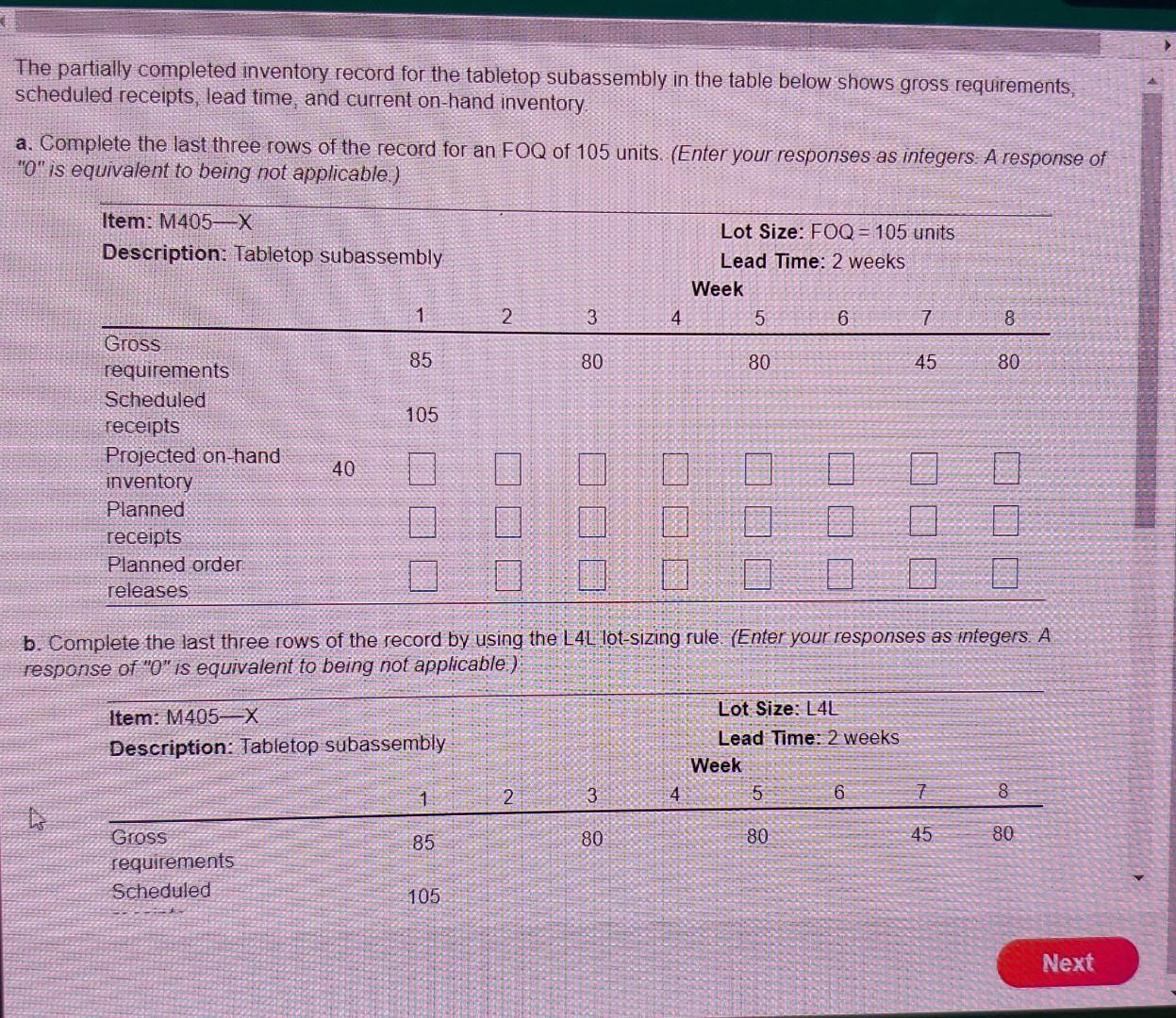 The partially completed inventory record for the