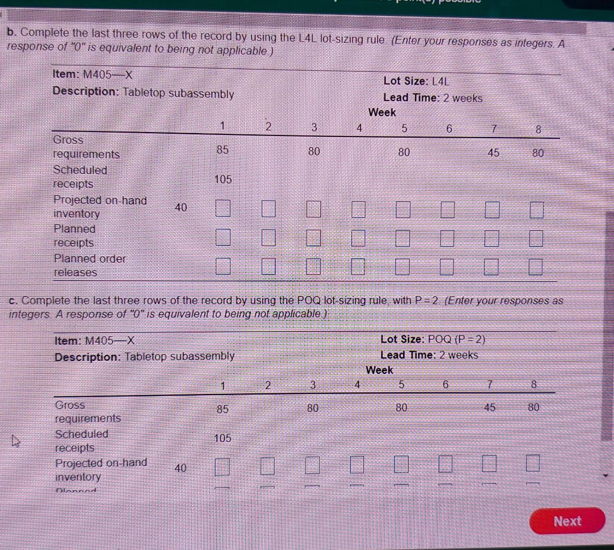 The partially completed inventory record for the