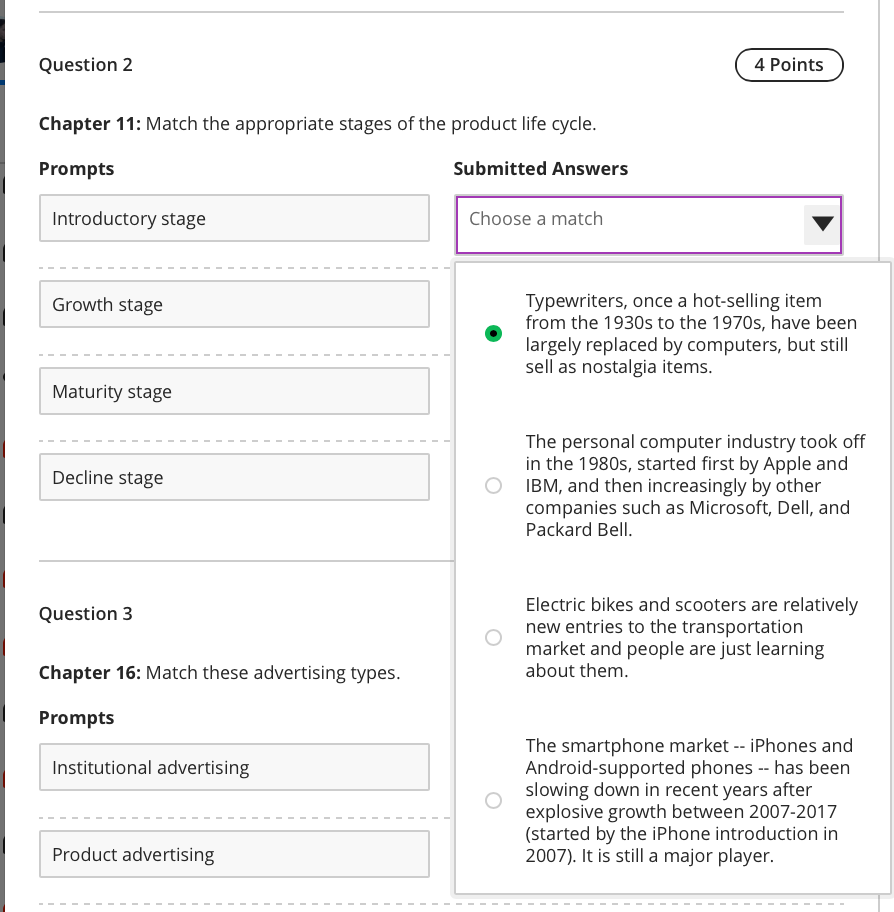 Question 2 4 Points Chapter 11: Match the