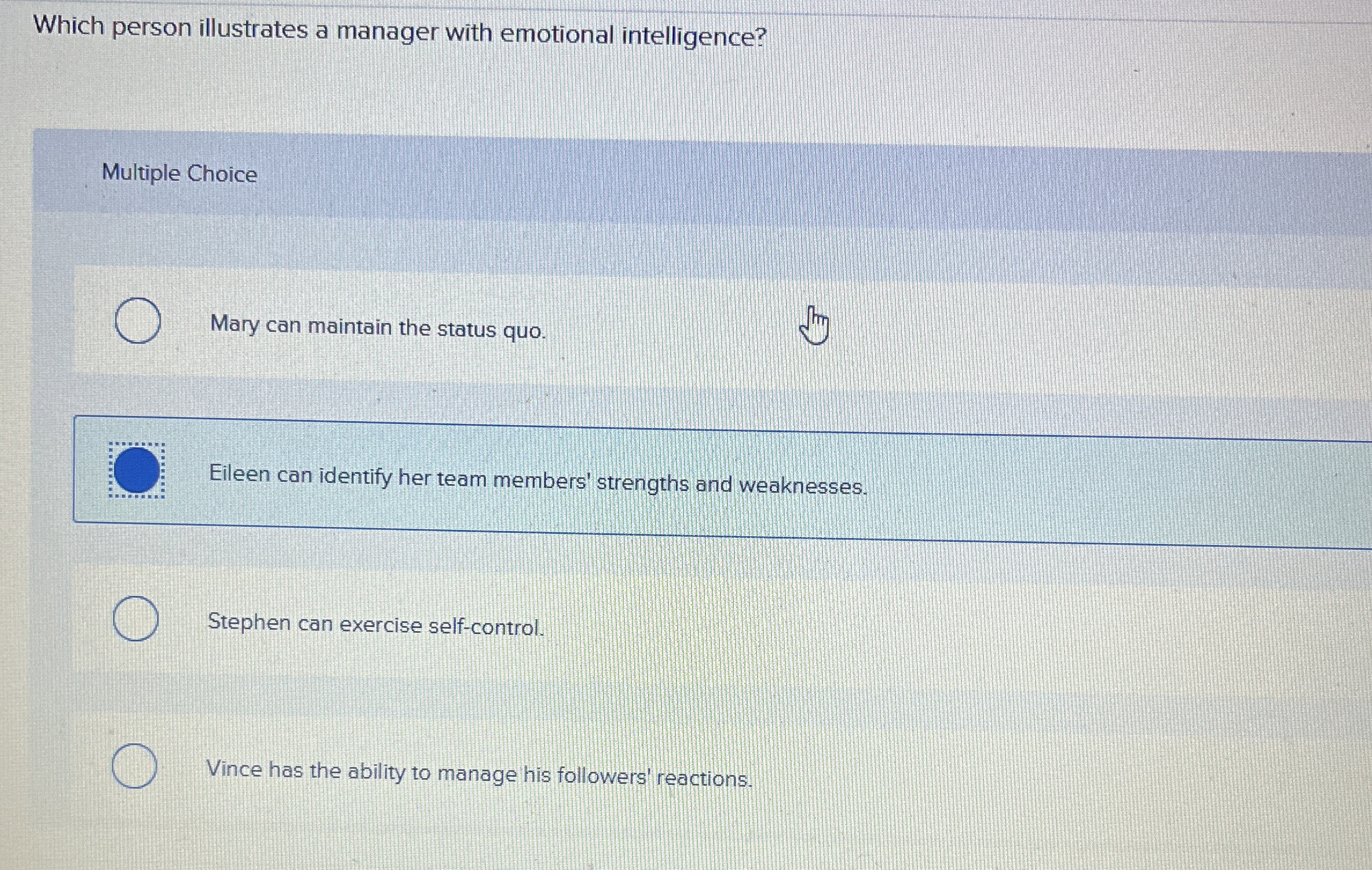 Which person illustrates a manager with emotional