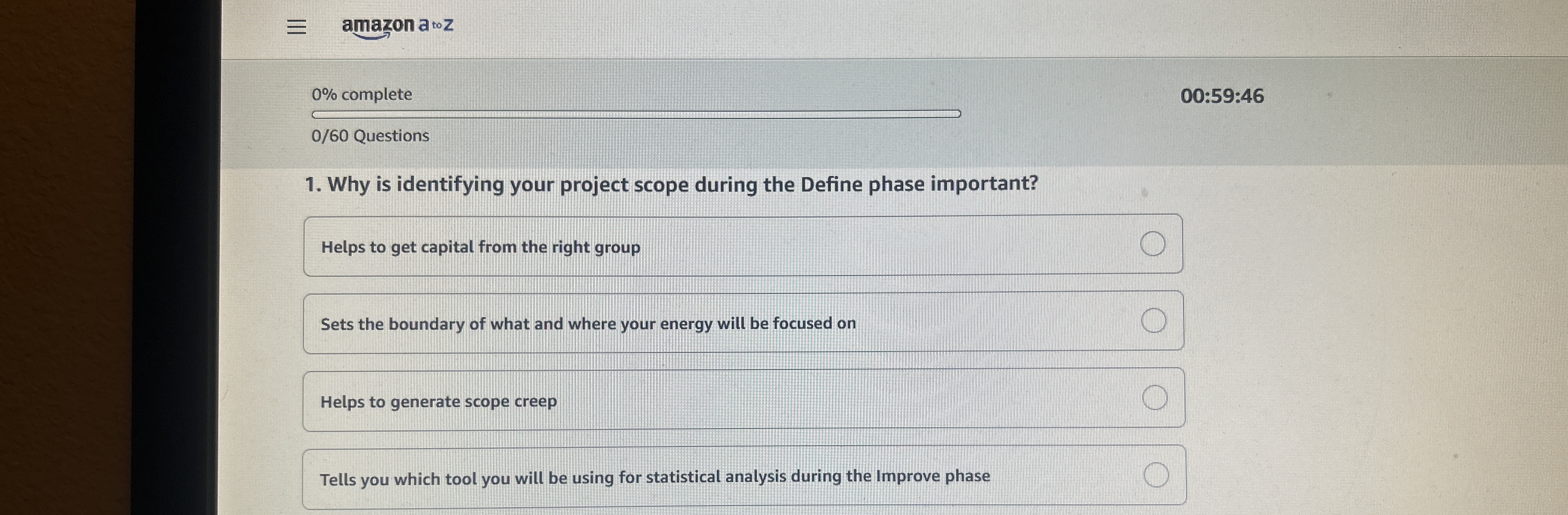 amazonatoz 0 % complete 0 0 : 5 9 : 4 6 0 / 6 0