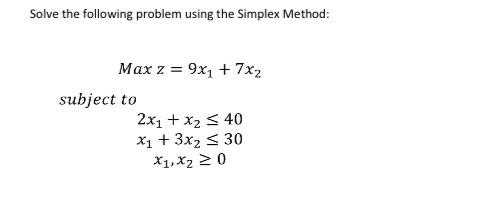 Solve the following problem using the Simplex