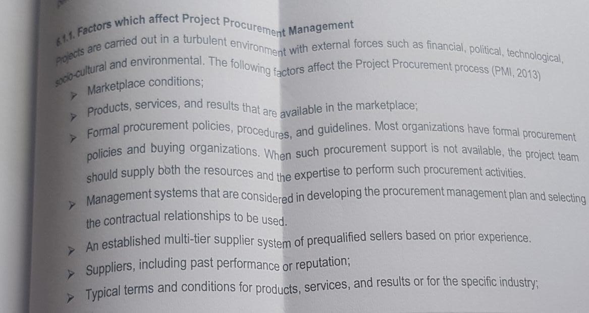 PROJECT MANAGEMENT COST AND PROCUREMENT Question