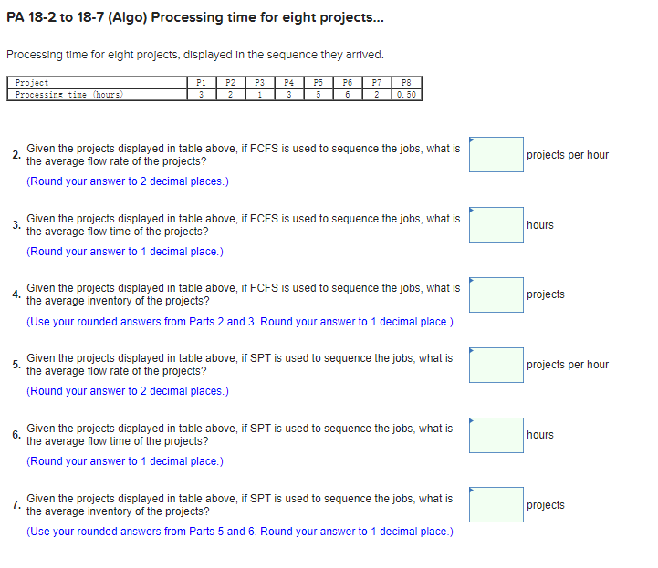 PA 18-2 to 18-7 (Algo) Processing time for eight