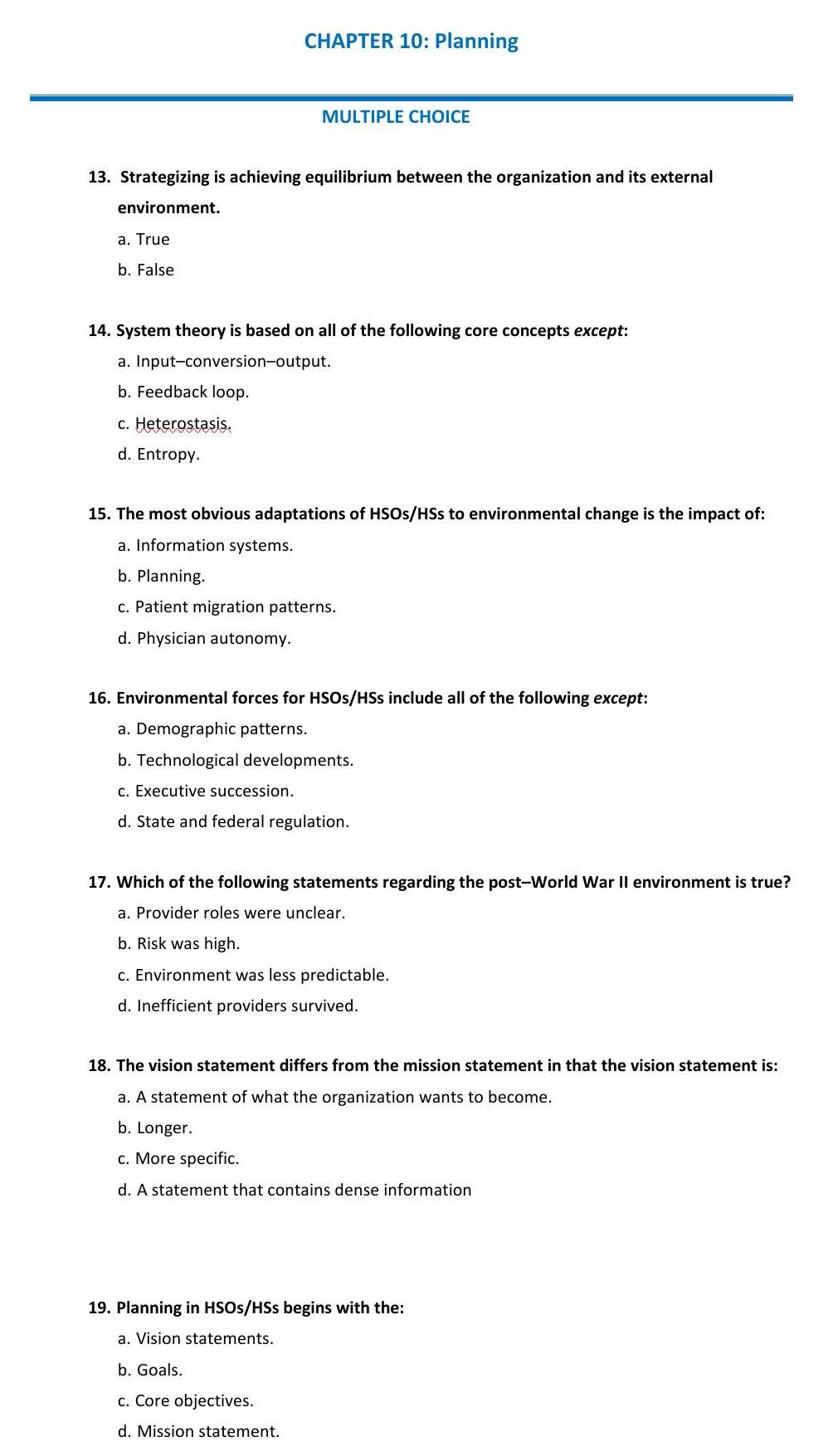 CHAPTER 10: Planning MULTIPLE CHOICE 13.