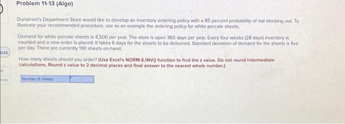 Problem 11-13 (Algo) Dunstreet's Department Store