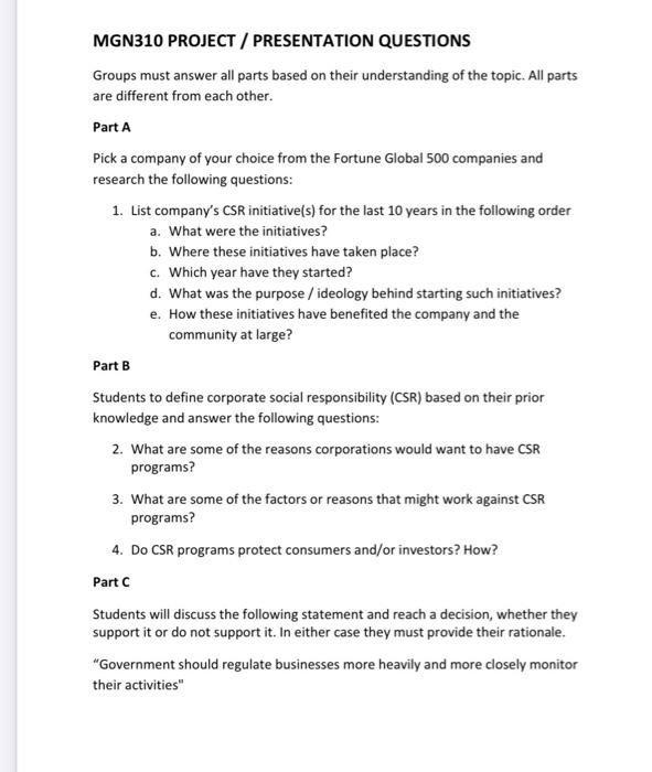 MGN310 PROJECT / PRESENTATION QUESTIONS Groups