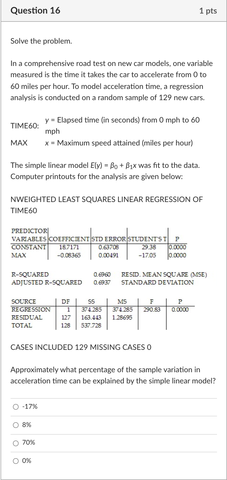 Question 16 1 pts Solve the problem. In a