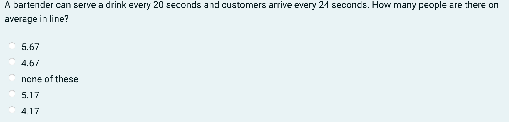 A bartender can serve a drink every 20 seconds